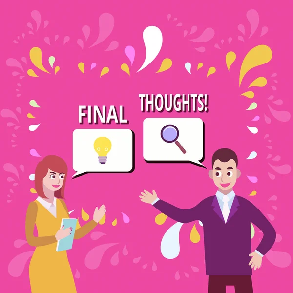 Writing note showing Final Thoughts. Business photo showcasing should be last few sentences within your conclusions Business Partners Colleague Jointly Seeking Problem Solution.