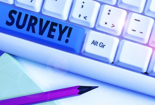 Handwriting text writing Survey. Concept meaning research method used for collecting data from a predefined group White pc keyboard with empty note paper above white background key copy space. — Stock Photo, Image