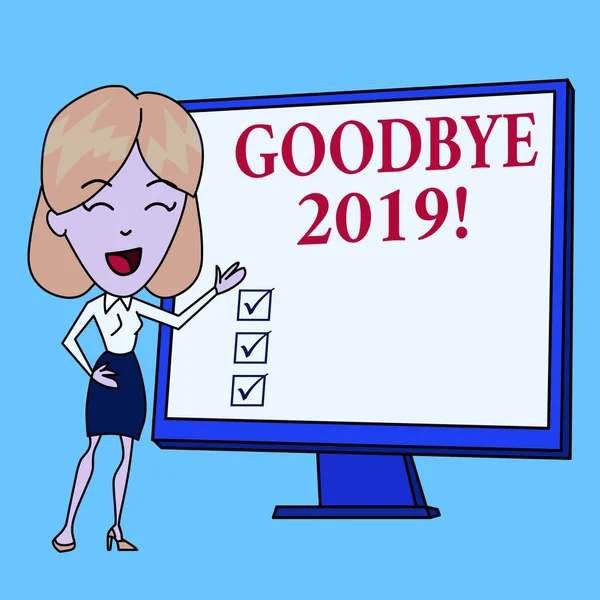 Writing note showing Goodbye 2019. Business photo showcasing express good wishes when parting or at the end of last year White Female in Standing Pointing Blank Screen Whiteboard Presentation.