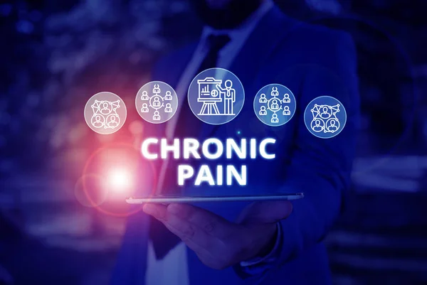 Word writing text Chronic Pain. Business concept for pain that is ongoing and usually lasts longer than six months Male human wear formal work suit presenting presentation using smart device.