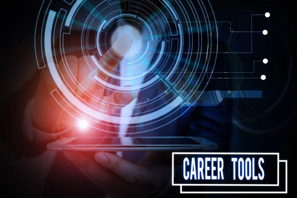 Text sign showing Career Tools. Conceptual photo the system designed to assist and enhance your career Male human wear formal work suit presenting presentation using smart device.
