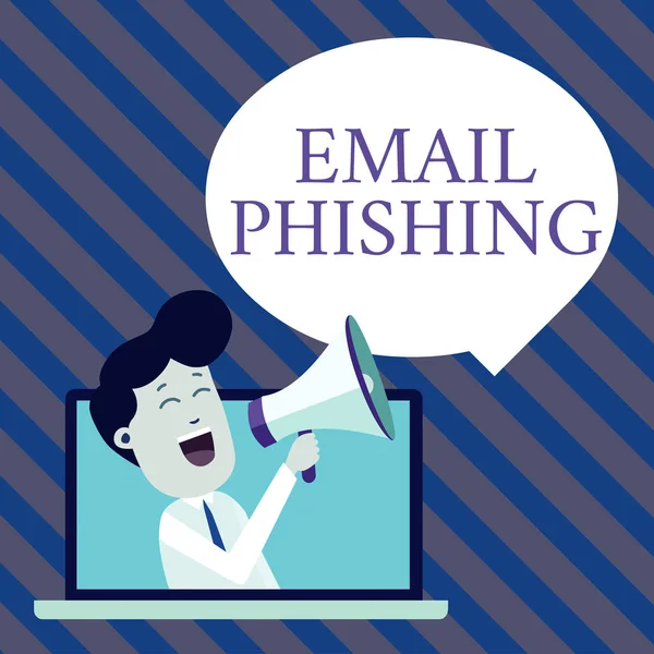 Escribir texto a mano Email Phishing. Concepto que significa correos electrónicos que pueden enlazar a sitios web que distribuyen malware Man Speaking Through Laptop en Loudhailer Blank Speech Bubble Announce . — Foto de Stock