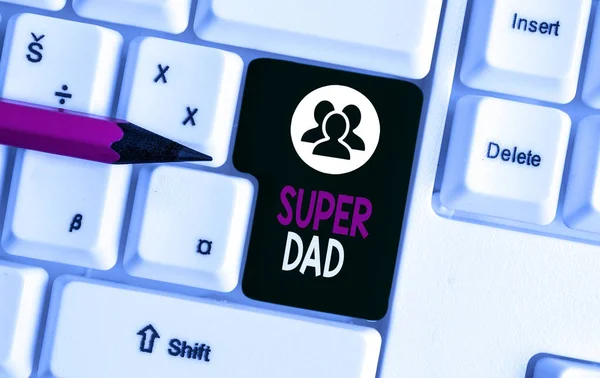 Text sign showing Super Dad. Conceptual photo Children idol and super hero an inspiration to look upon to White pc keyboard with empty note paper above white background key copy space.