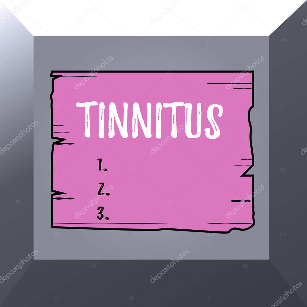 Conceptual hand writing showing Tinnitus. Business photo showcasing A ringing or music and similar sensation of sound in ears Wooden plank slots grooves wood panel colored board lumber.