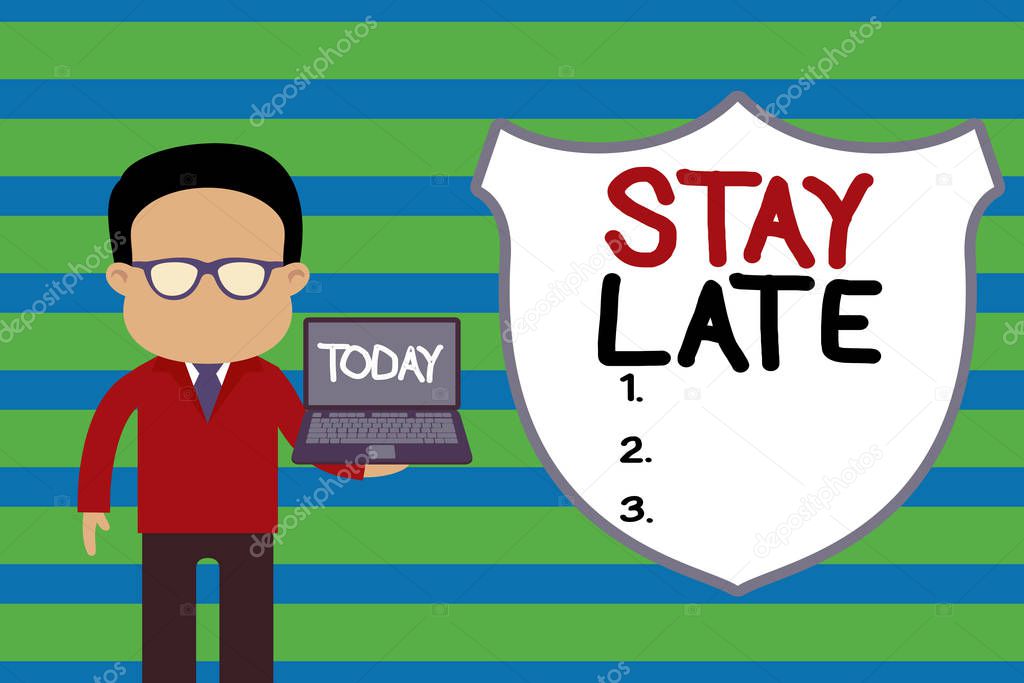 Conceptual hand writing showing Stay Late. Business photo text A routine in which a demonstrating goes to somewhere out of time Man in suit wearing eyeglasses holding open laptop photo Art.