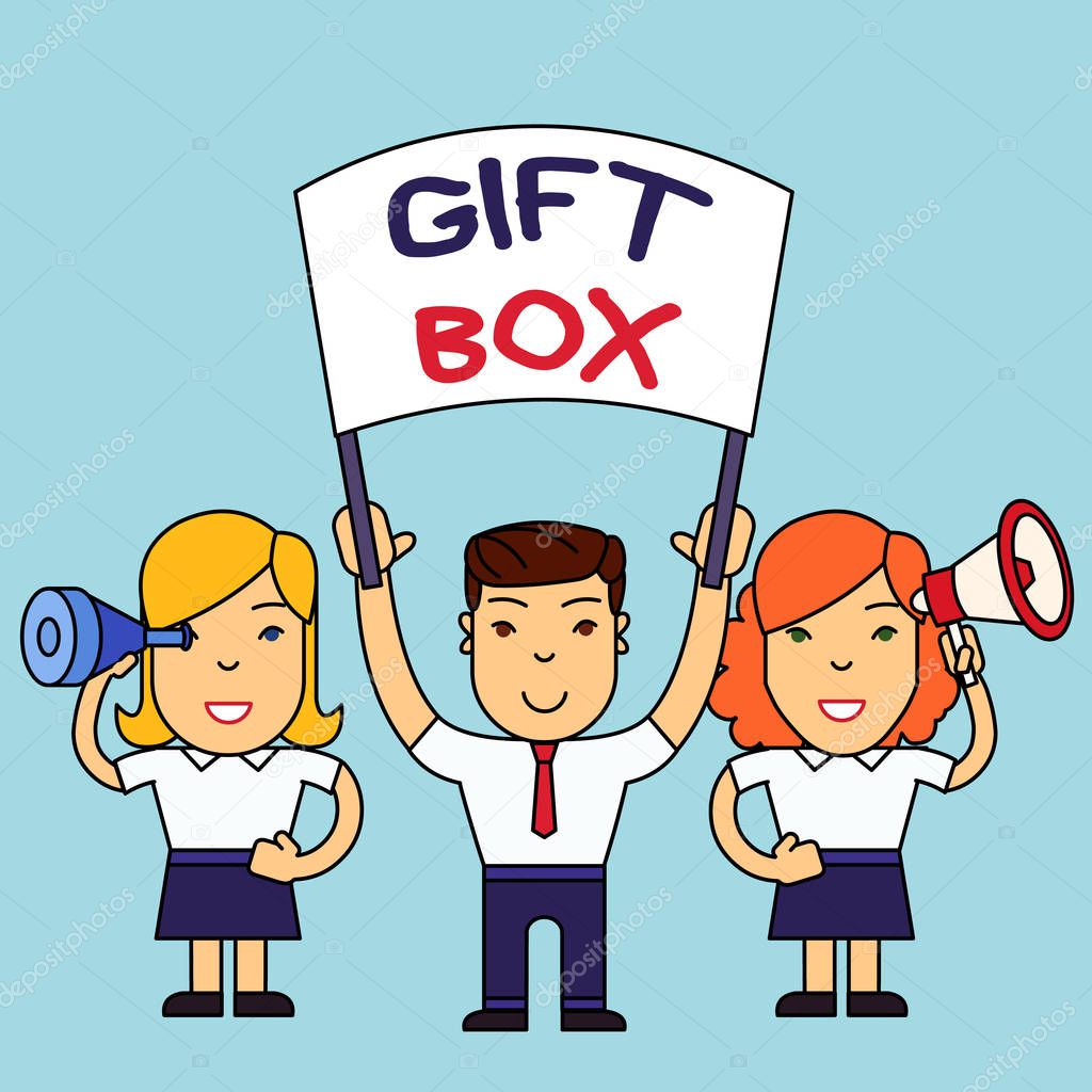 Conceptual hand writing showing Gift Box. Business photo text A small cointainer with designs capable of handling presents People with Banner, Megaphone and Spy Glass Demonstration.