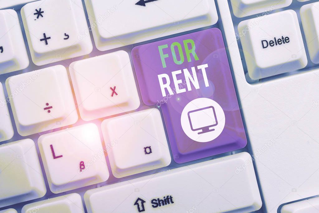 Text sign showing For Rent. Conceptual photo when you make property available for purchasing temporarily White pc keyboard with empty note paper above white background key copy space.