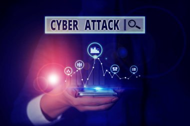 Kelime yazma metni Siber Saldırı. Bilgisayar korsanlarının bilgisayar ağına zarar verme veya yok etme girişimi için iş konsepti Kadın, akıllı cihaz kullanarak sunum sunan resmi iş elbisesi giyiyor.