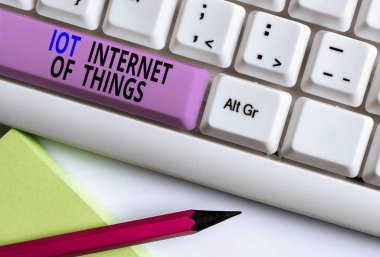 Nesnelerin İnterneti 'ni gösteren metin işareti. Fiziksel Aygıtların Kavramsal Fotoğraf Ağı Veri Beyaz pc klavyesini beyaz arkaplan anahtar alanının üzerinde boş not kağıdıyla gönder ve al.