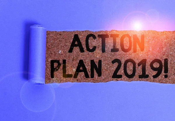 Redacción conceptual que muestra el Plan de Acción 2019. Fotografía de negocios que muestra la estrategia o curso de acción propuesto para el año en curso . — Foto de Stock