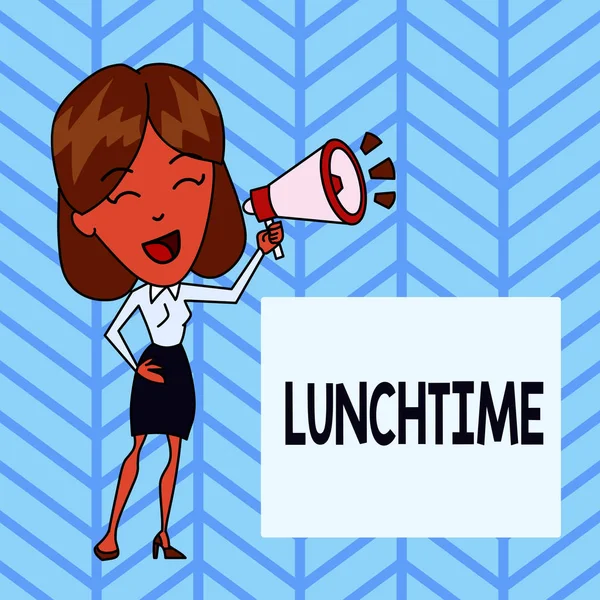 Word writing text Lunchtime. Business concept for Meal in the middle of the day after breakfast and before dinner Young Woman Speaking into Blowhorn Volume Icon Colored Backgdrop Text Box.
