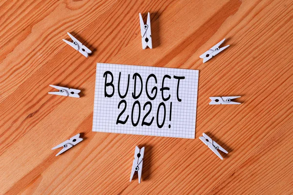 Konzeptionelle Handschrift, die den Haushalt 2020 zeigt. Geschäftstextschätzung der Einnahmen und Ausgaben für nächstes oder aktuelles Jahr farbig zerknitterte Papiere Holzboden Hintergrund Wäscheklammer. — Stockfoto