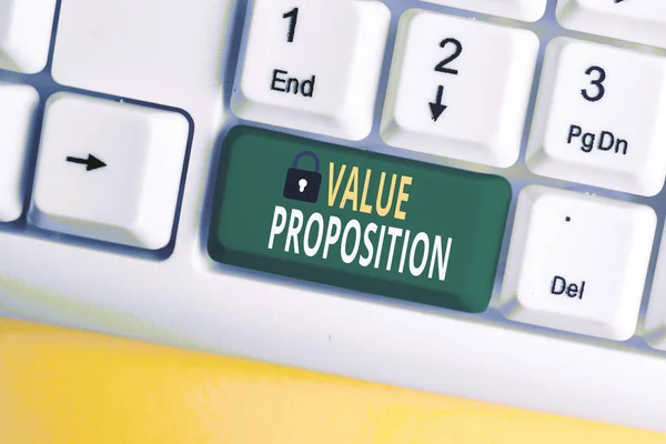 Text sign showing Value Proposition. Conceptual photo feature intended to make a company or product attractive White pc keyboard with empty note paper above white background key copy space.