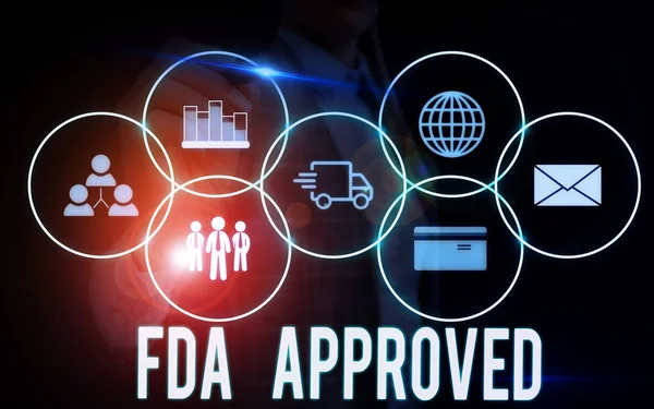 Writing note showing Fda Approved. Business photo showcasing FDA agreed the product or formula is safe and or effective Woman wear formal work suit presenting presentation using smart device.