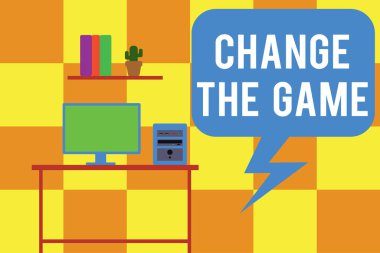 Handwriting text writing Change The Game. Concept meaning Make a movement do something different new strategies Desktop computer wooden table background shelf books flower pot ornaments.