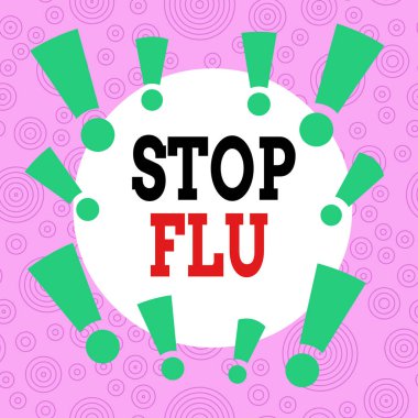 El yazısı Yazısı Gribi Durdur. Kavram, grip virüsünün sebep olduğu bulaşıcı solunum hastalığını tedavi etmek anlamına gelir. Asimetrik düzensiz biçim şekli nesne ana hatları çok renkli tasarım.