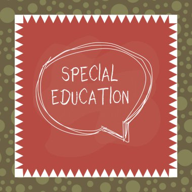 Özel Eğitimi gösteren metin işareti. Zihinsel sorunları olan öğrencilere verilen kavramsal fotoğraf biçimi asimetrik şekilli nesne anahatları içindeki baloncuk konuşan çok renkli tasarım.