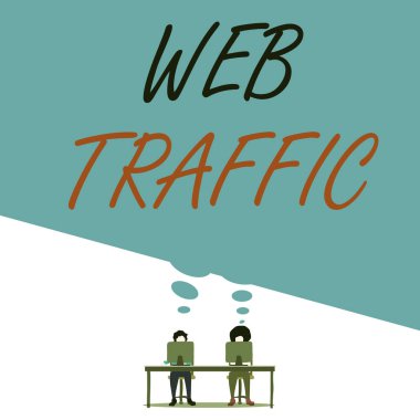 Web trafiğini gösteren mesaj işareti. Mor pantolonlu bir web sitesine ziyaretçiler tarafından gönderilen ve gönderilen veri miktarı. Sandalyede oturan adam bilgisayar masasının yanındaki arkadaşla konuşuyor..