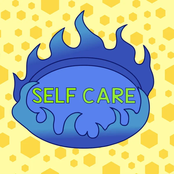 Text sign showing Self Care. Conceptual photo practice of taking action preserve or improve ones own health Asymmetrical uneven shaped format pattern object outline multicolour design. — Stok fotoğraf