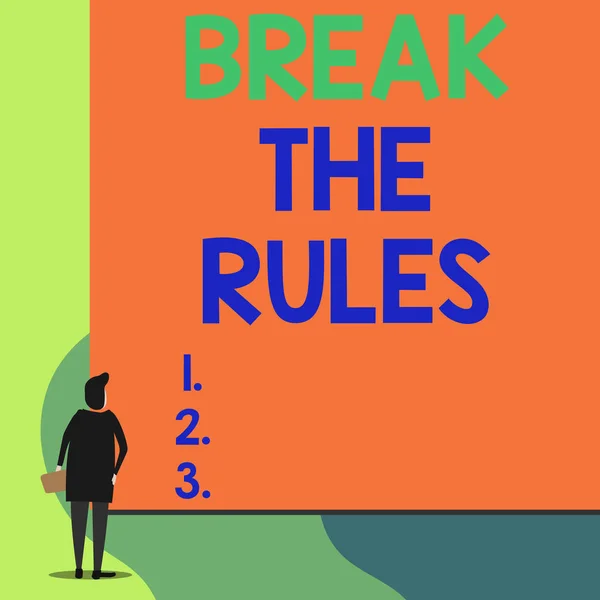 Writing note showing Break The Rules. Business photo showcasing Make changes do everything different Rebellion Reform Back view young woman watching blank big rectangle. — Stock Photo, Image