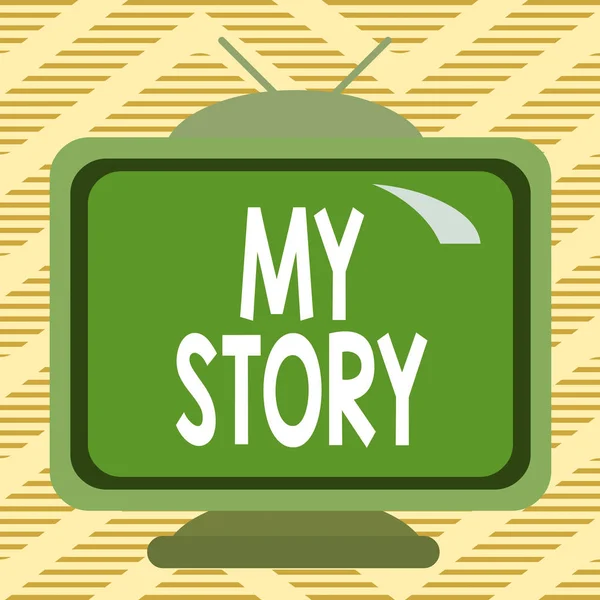 Kézírás szöveg írás My Story. Koncepció jelentése cselekmény, hogy elmondja valakinek vagy olvasóknak, hogyan élte az életét tér téglalap régi színes festmény televízió kép fa design. — Stock Fotó