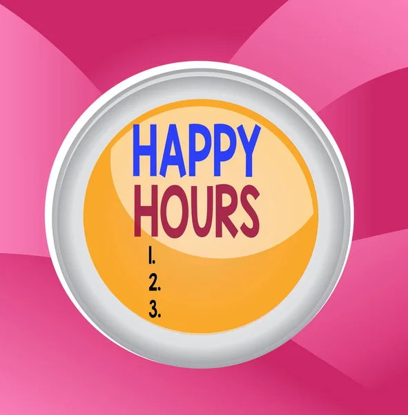 Texto de escritura Happy Hours. Concepto significado cuando las bebidas se venden a precios reducidos en un bar o restaurante Botón círculo esfera de color interruptor de fondo central en forma de ronda media . — Foto de Stock