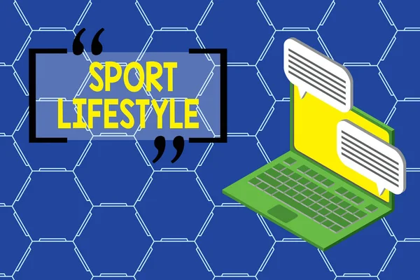 Tekstbord met Sport Lifestyle. Conceptuele foto atletische levensstijl om gezond en vol geluk Laptop ontvangen verzenden van informatie gesprek sms 'en draadloos internet. — Stockfoto
