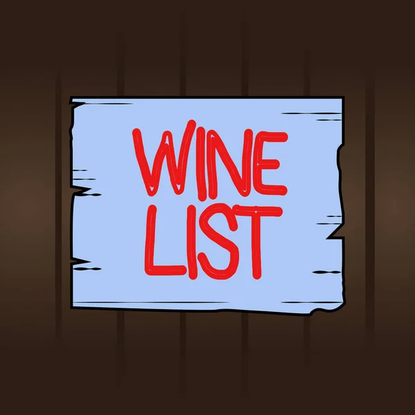 Píšu poznámku zobrazující seznam vín. Obchodní foto předvádění menu vína výběry pro nákup typicky v restauraci Dřevěné prkno sloty drážek dřevo panel barevné desky dřevo. — Stock fotografie