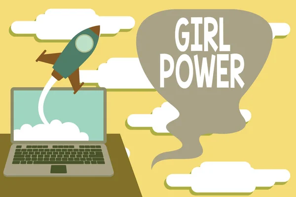 Texte manuscrit Girl Power. Concept signifiant assertivité et confiance en soi démontrées par les filles ou les jeunes woanalysis Lancement réussi de fusée nuages sur fond d'ordinateur portable. Startup en croissance . — Photo