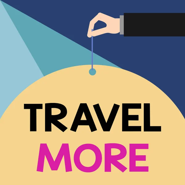 Writing note showing Travel More. Business photo showcasing To make a journey often especially on long distance trip Male hand arm needle punching big blank balloon geometrical background. — Stock Photo, Image