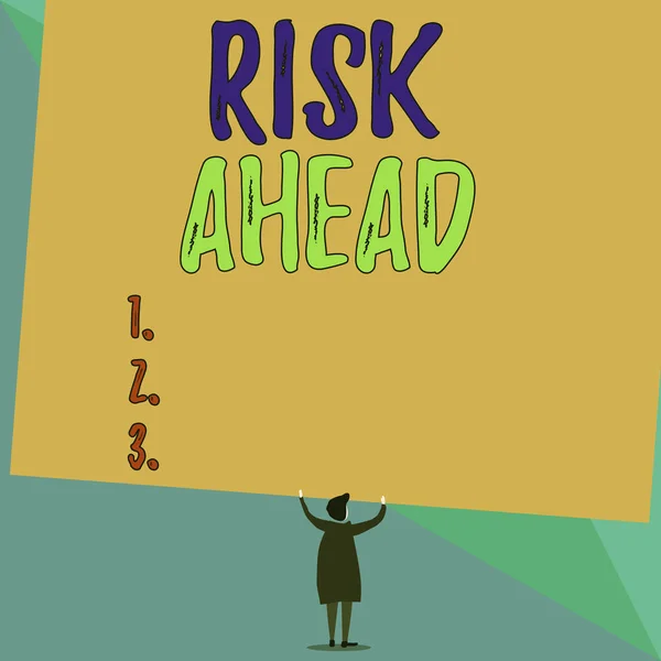 Conceptual hand writing showing Risk Ahead. Business photo showcasing A probability or threat of damage, injury liability and loss Short hair woman dress hands up holding blank rectangle. — Stock Photo, Image