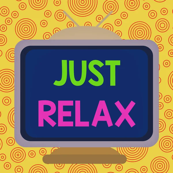 Text sign showing Just Relax. Conceptual photo to rest or do something that is enjoyable and stress free Square rectangle old multicoloured painting television picture wood design. — Stock Photo, Image