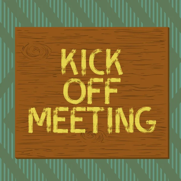 Text sign showing Kick Off Meeting. Conceptual photo getting fired from your team private talking about company Square rectangle unreal cartoon wood wooden nailed stuck on coloured wall. — 스톡 사진
