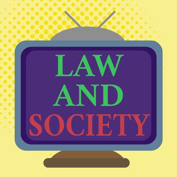 テキスト法と社会を書く。法律と社会の相互関係に対処するためのビジネスコンセプト正方形の長方形の古い多色の絵画テレビ画像木のデザイン. — ストック写真