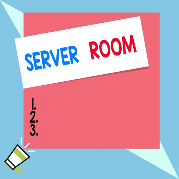 Text sign showing Server Room. Conceptual photo a room used to store power and operate computer servers Speaking trumpet on left bottom and paper attached to rectangle background. — Stock Photo, Image