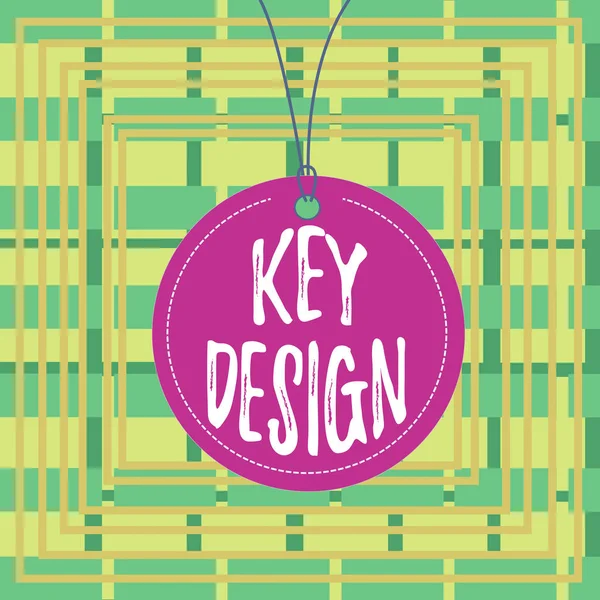 Text sign showing Key Design. Conceptual photo a necessary or very important realization of a concept or idea Badge circle label string rounded empty tag colorful background small shape. — Stockfoto