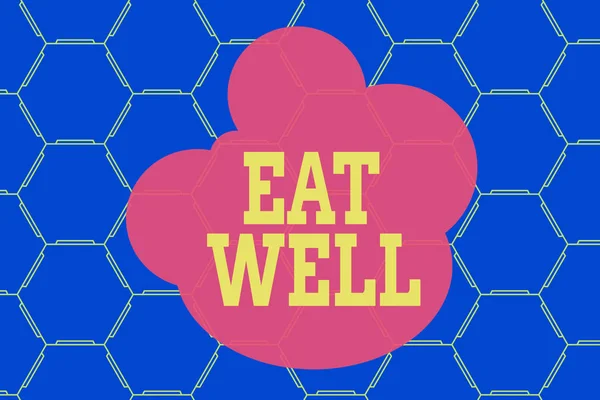 Word writing text Eat Well. Business concept for Practice of eating only foods that are whole and not processed Hexagonal figures design. Modern geometric background honeycombed pattern. — 图库照片