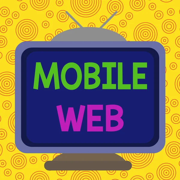 Sms-bord met mobiel web. Conceptuele foto browser gebaseerde internet diensten toegankelijk vanaf handheld mobiele Vierkant rechthoek oude veelkleurige schilderen televisie beeld hout ontwerp. — Stockfoto