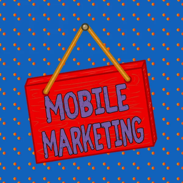 Conceptual hand writing showing Mobile Marketing. Business photo showcasing promotional activity designed for delivery to cell phones Square rectangle unreal cartoon wood on the coloured wall. — Stock Photo, Image