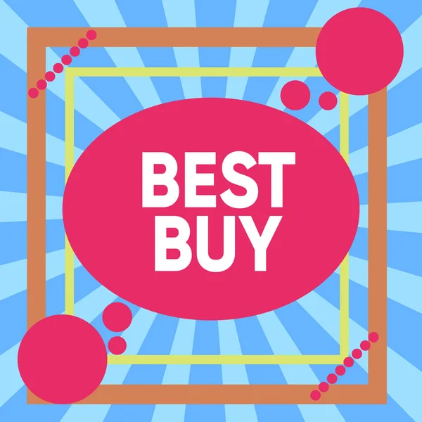 Writing note showing Best Buy. Business photo showcasing most advantageous combination of cost and quality of a product Asymmetrical format pattern object outline multicolor design. — Stock Photo, Image