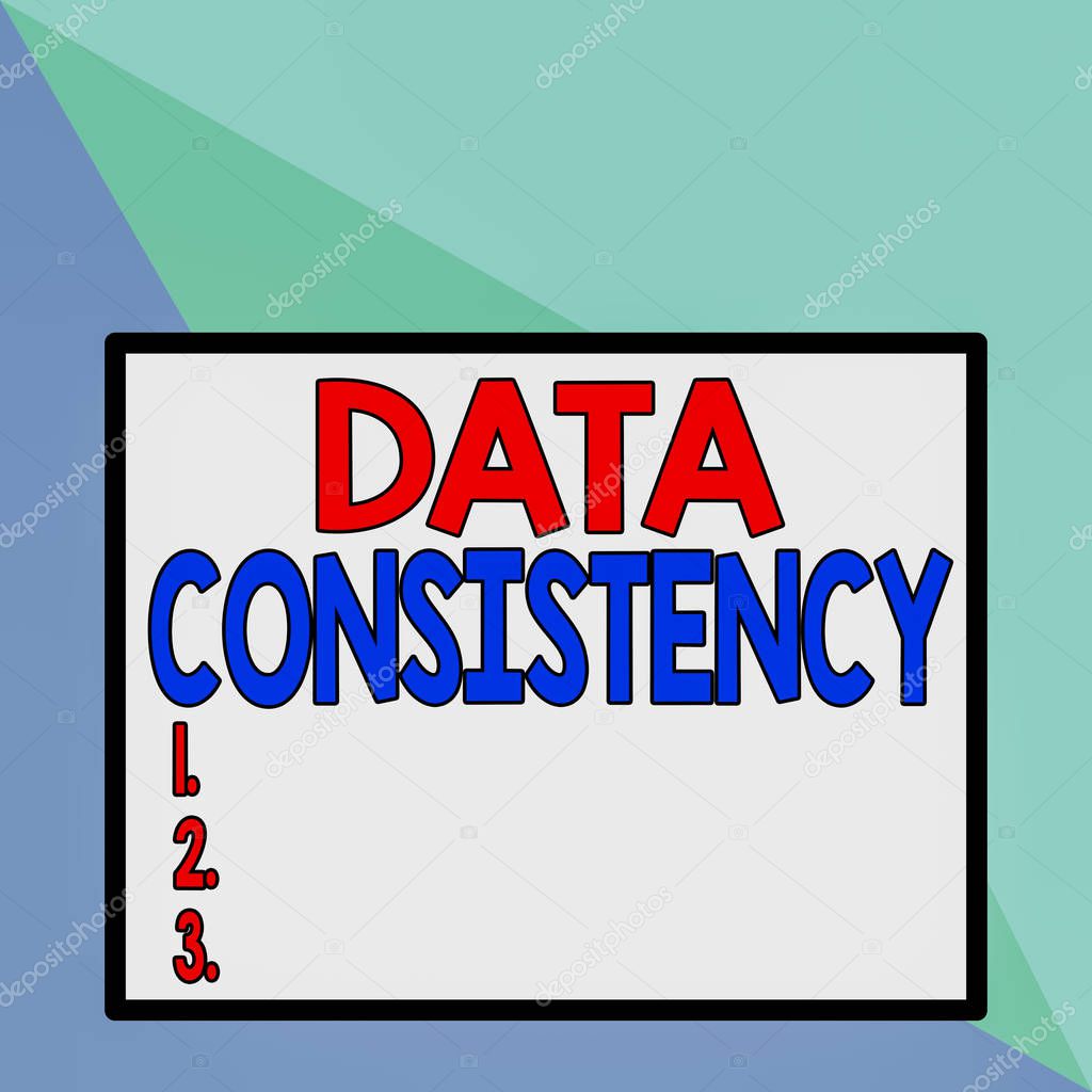 Text sign showing Data Consistency. Conceptual photo data values are the same for all instances of application Front close up view big blank rectangle abstract geometrical background.