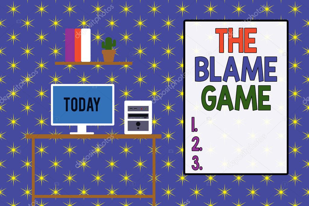 Word writing text The Blame Game. Business concept for A situation when showing attempt to blame one another Desktop computer wooden table background shelf books flower pot ornaments.