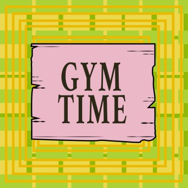 Spor salonunun saatini gösteren bir mesaj. Kavramsal fotoğraf egzersiz yapmaya başlamak için motivasyon sağlama tahtası boş kare çerçeve yuvaları ahşap panel renkli kereste oyukları.