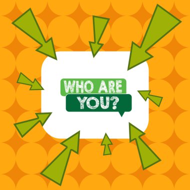 Kelime yazma metni Kimi sorguluyorsun? Kimliğin veya bilginin gösterilmesi için iş konsepti. Asimetrik biçimsiz biçim şekli nesne ana hatları çok renkli tasarım..