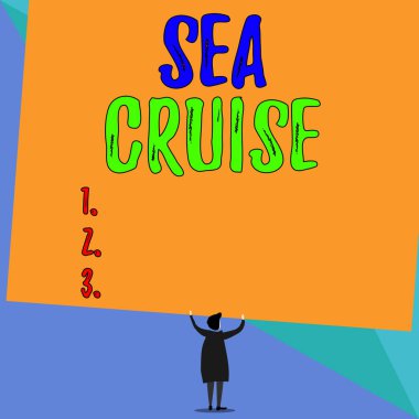 Conceptual hand writing showing Sea Cruise. Business photo showcasing a voyage on a ship or boat taken for pleasure or as a vacation Short hair woman dress hands up holding blank rectangle.