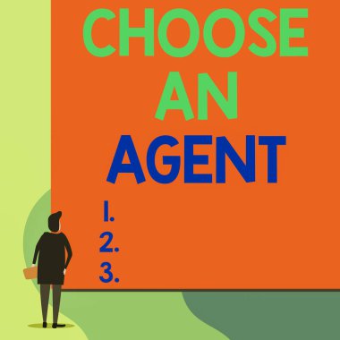 Writing note showing Choose An Agent. Business photo showcasing Choose someone who chooses decisions on behalf of you Back view young woman watching blank big rectangle.