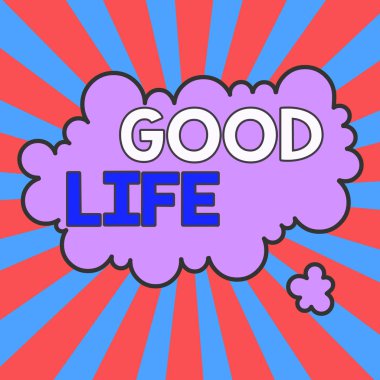 Good Life 'ı gösteren bir not yazıyorum. İş fotoğraflarında, konfor ve lüks içinde az sayıda problemle yaşamak veya asimetrik düzensiz şekil nesne çok renkli tasarım endişeleri sergileniyor.