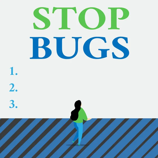 Escrevendo nota mostrando Stop Bugs. Exibição de fotos de negócios Livrar-se de um inseto ou uma criatura pequena semelhante que suga sangue Mulher de penteado comprido com uma perna levantada na posição de visão traseira . — Fotografia de Stock