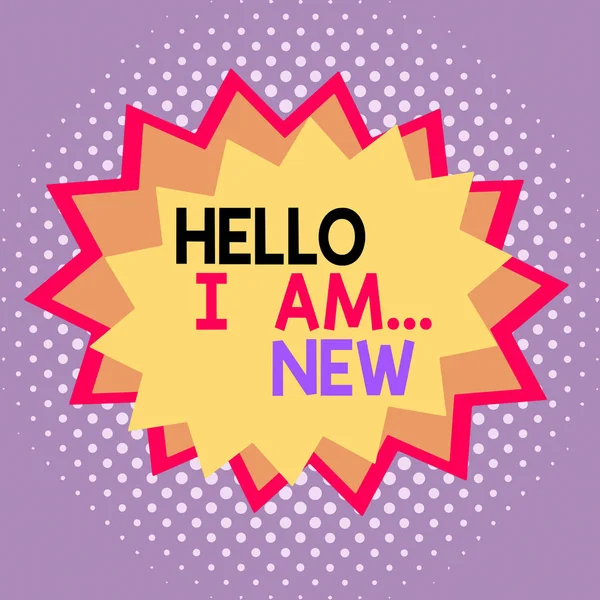 Слова з текстом Hello I Am New. Бізнес концепція для представлення себе Зустріч Робота Свіжі працівники Школа Асиметрична нерівномірної форми Об'єкт шаблону багатокольоровий дизайн. — стокове фото