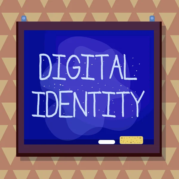Text sign showing Digital Identity. Conceptual photo networked identity adopted or claimed in cyberspace Asymmetrical uneven shaped format pattern object outline multicolour design.